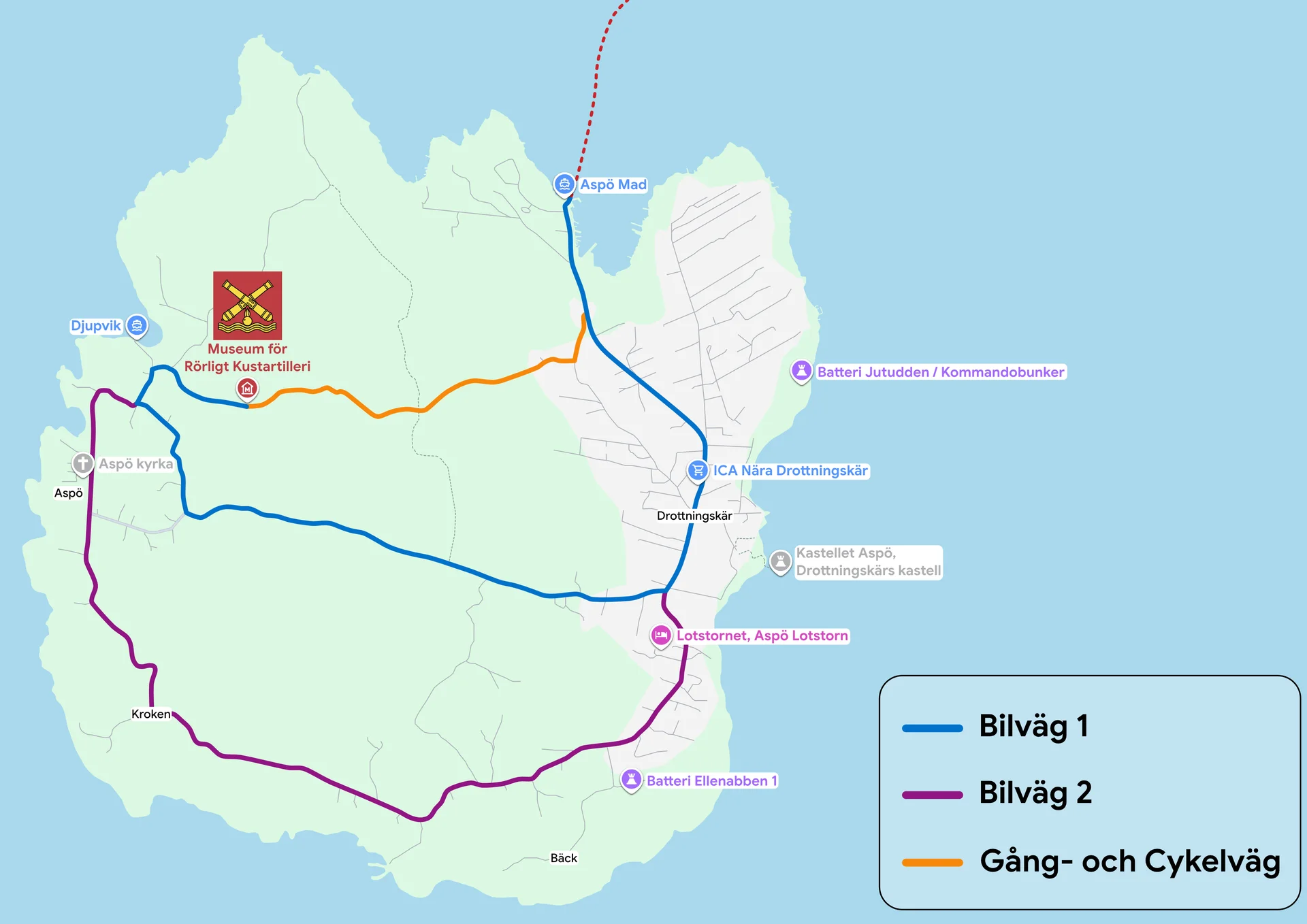 Karta över Aspö med gång- och cykelvägar samt bilvägar